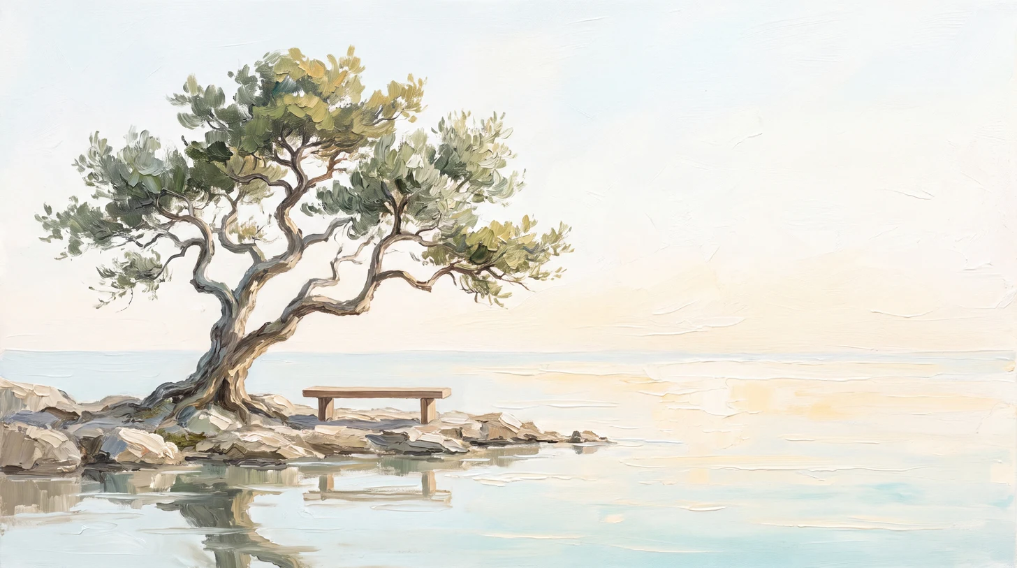 A pine tree and a wooden bench stand beside calm water in pale morning light.
