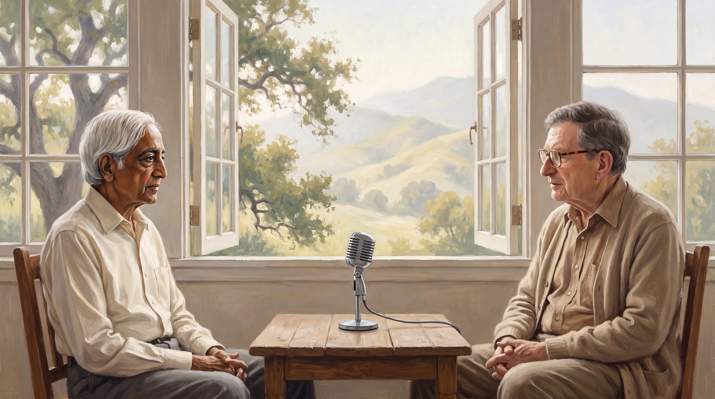 An AI-generated illustration of Krishnamurti and Bohm in conversation beside a sunlit window.