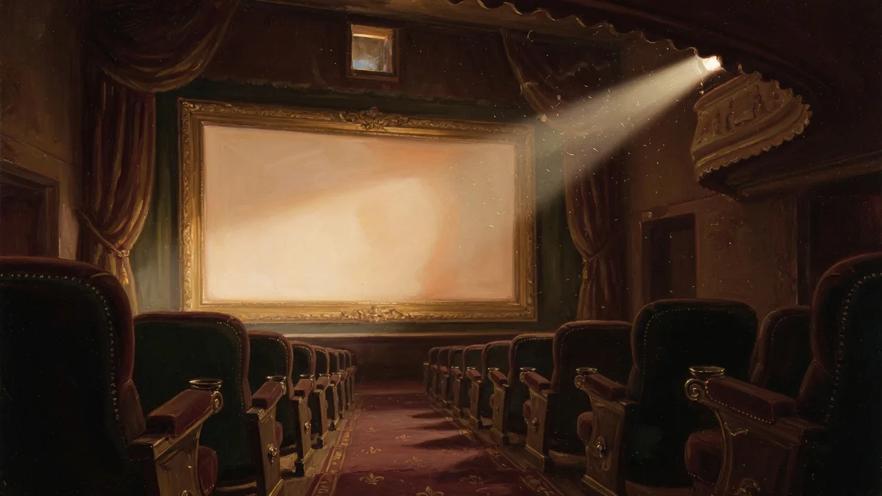 Oil painting of an empty cinema facing a blank ivory screen in champagne projector light.