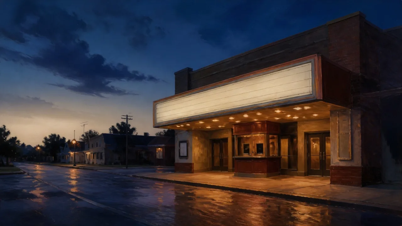 Oil painting of a neighbourhood cinema at night, champagne marquee lights on a wet street.
