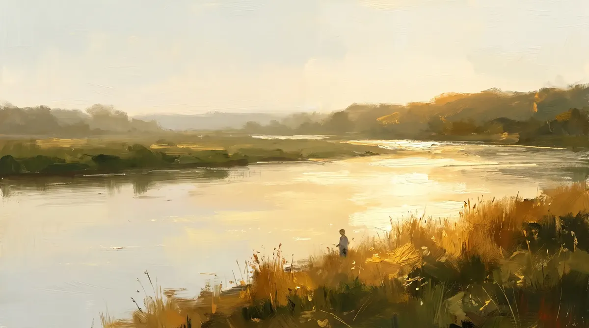 Oil painting of a wide river at golden hour, a small figure on the reedy bank seen from far off.