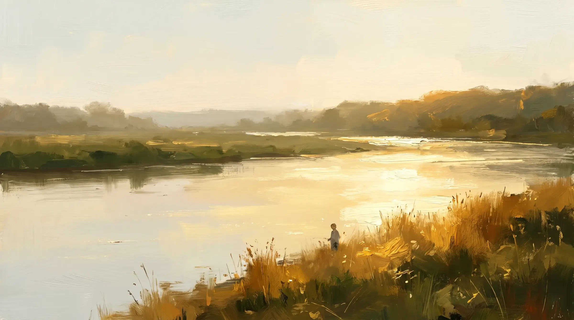Oil painting of a wide river at golden hour, a small figure on the reedy bank seen from far off.