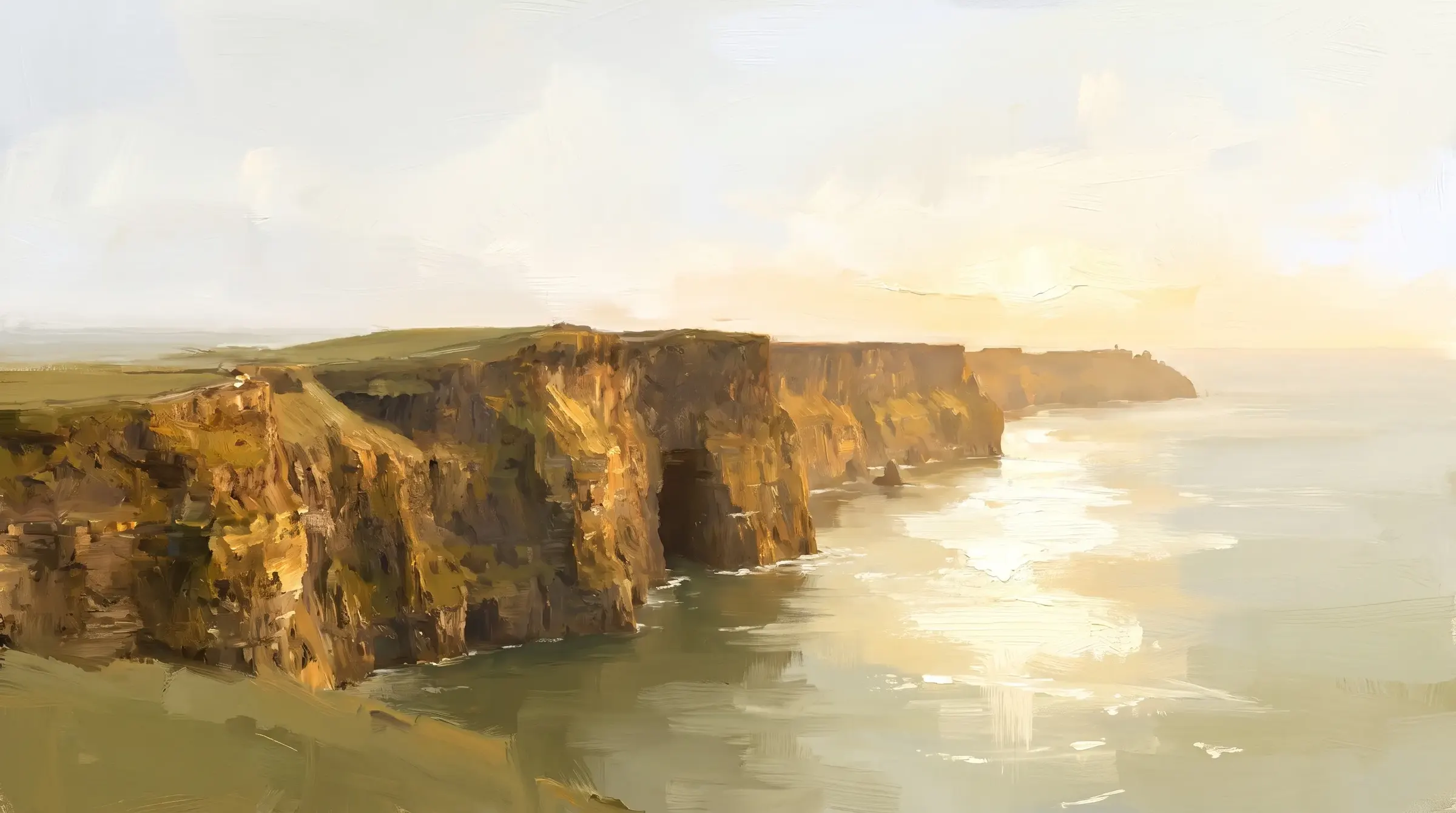 Oil painting of a sunlit cliff coast above a pale sea in evening light.