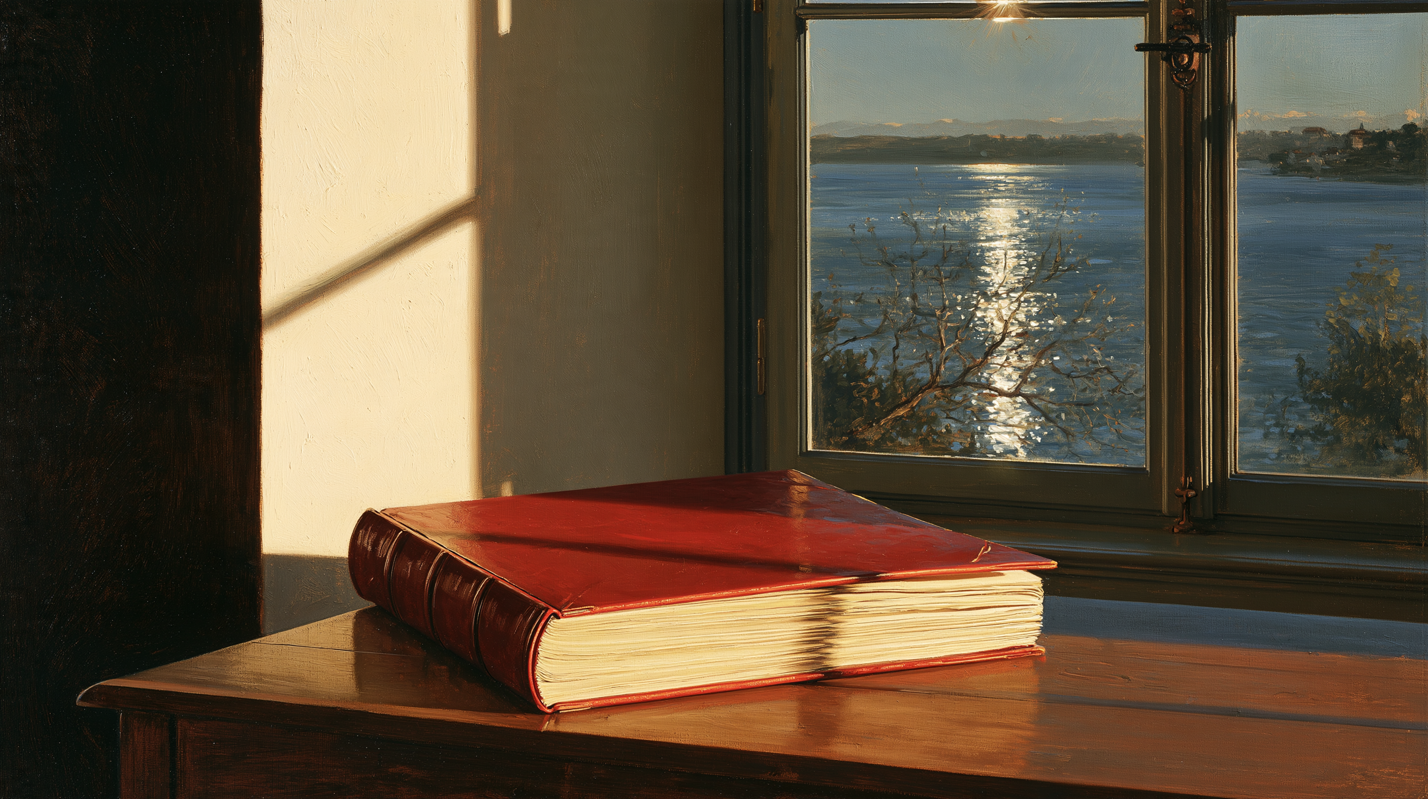 A red book on a wooden table beside a sunlit window overlooking the water.