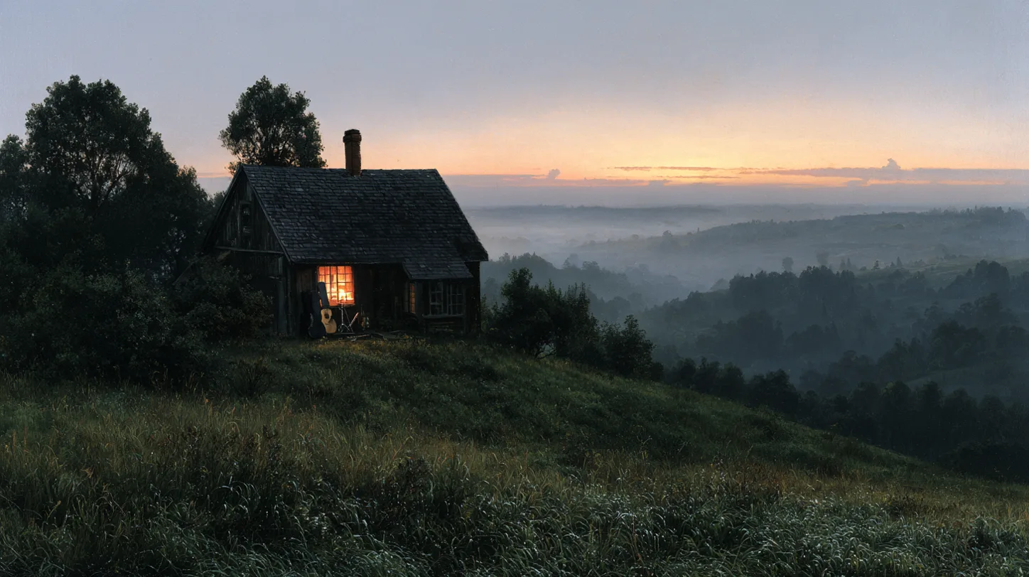 A small wooden cabin on a hill at dusk, one window lit, mist in the valley below.