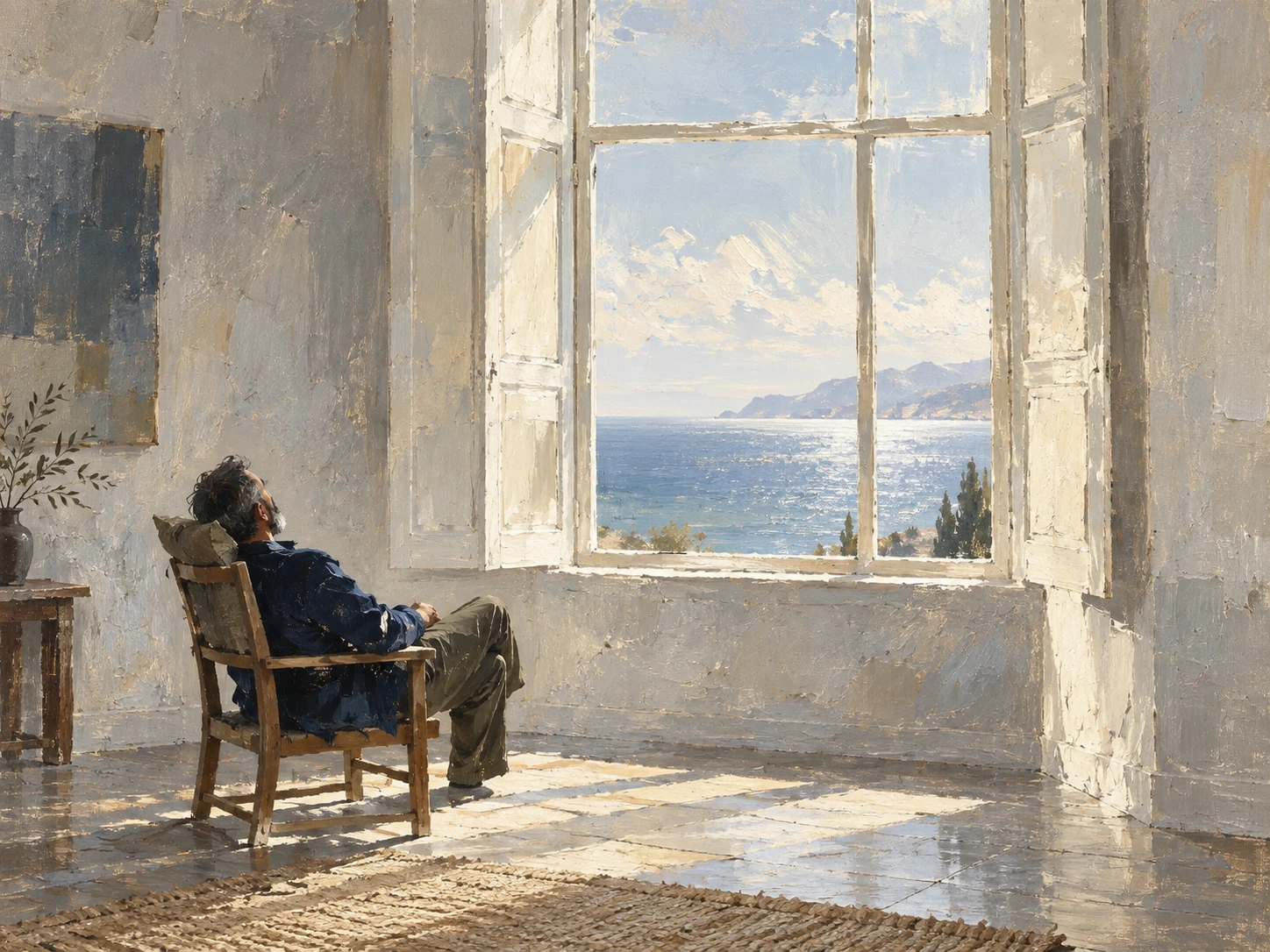 A small resting figure beside a luminous window overlooking the sea, painted in ivory and deep blue.