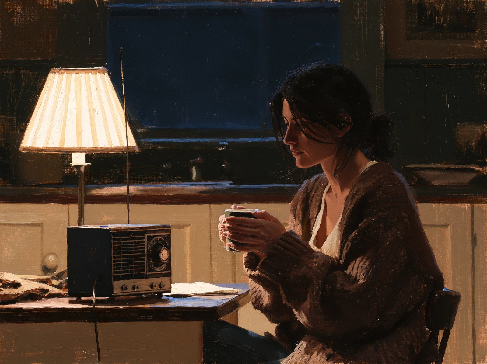 A woman with a cup beside a radio and a glowing kitchen lamp at night.
