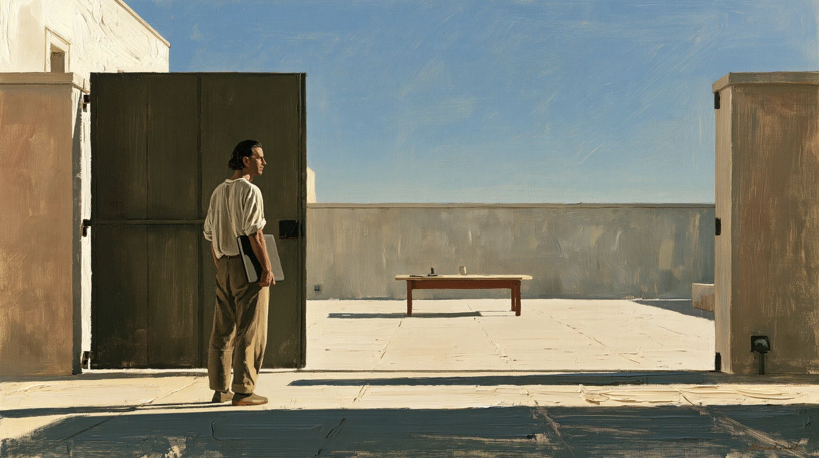 A painted courtyard with an open gateway, a table and blue sky.