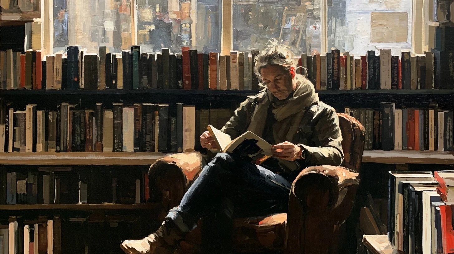 A reader settled in a leather chair surrounded by books.