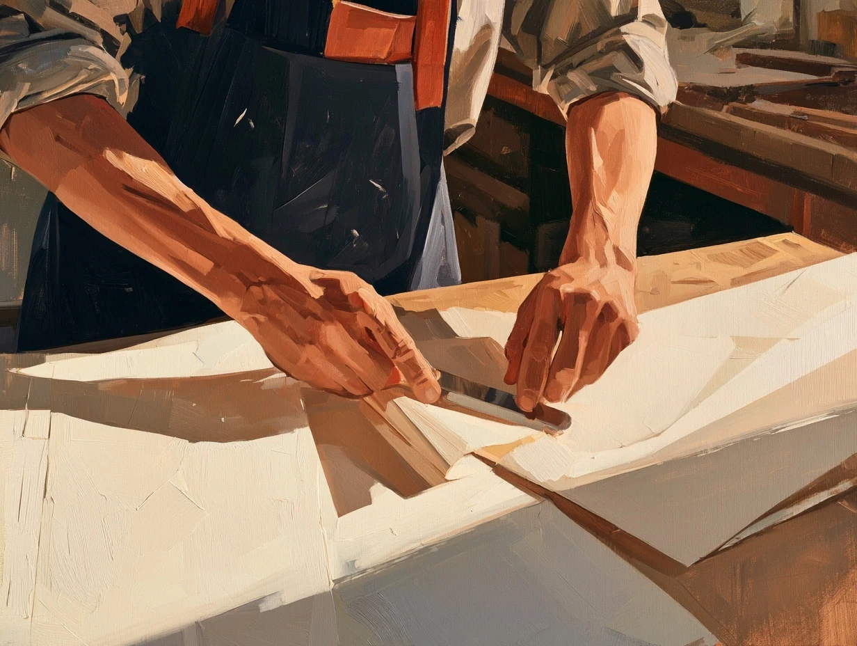A bookbinder folding paper by hand at a workshop table.