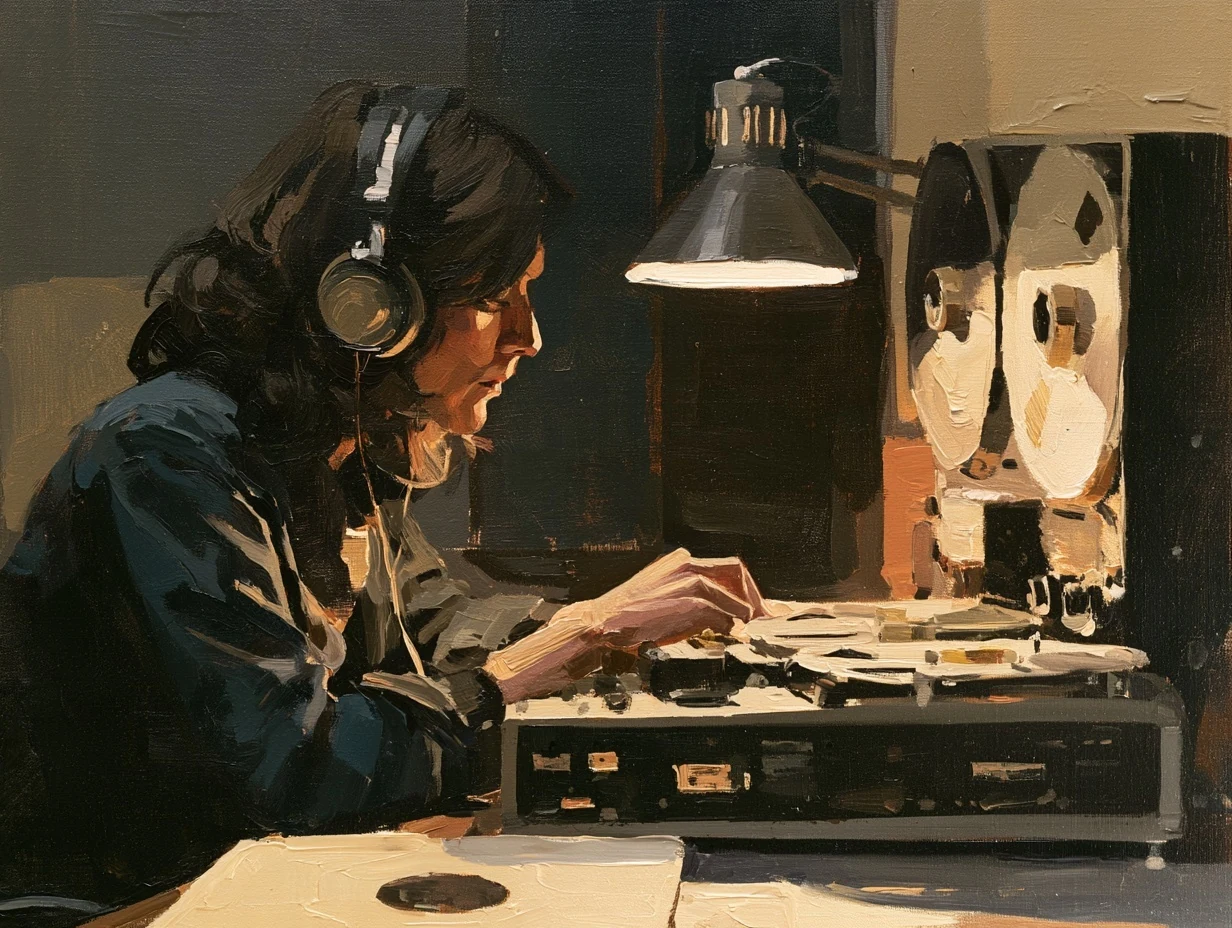 A listener with headphones at a reel-to-reel tape recorder.