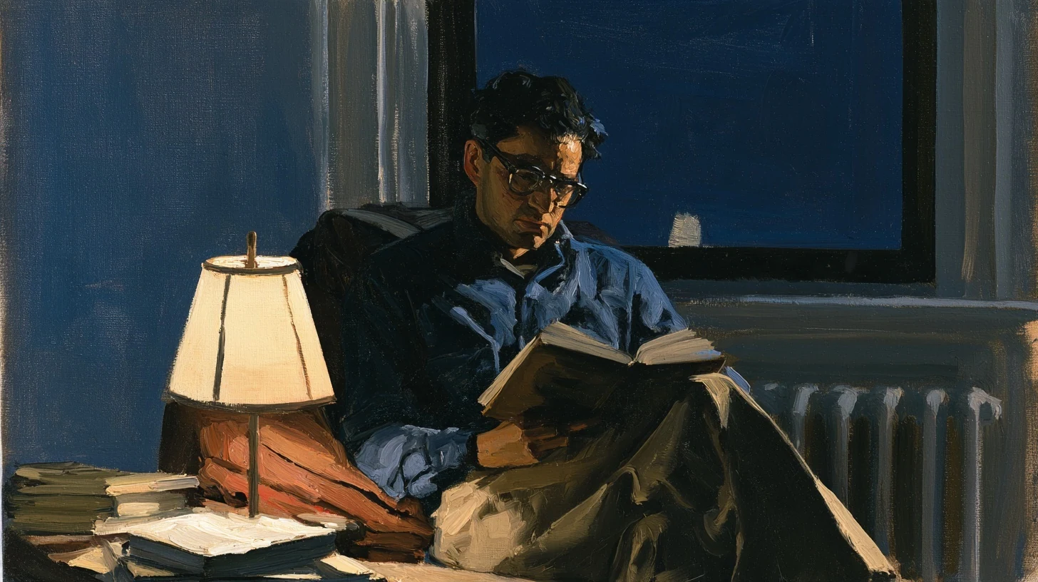 A man reading beside a shaded lamp and a dark blue window.