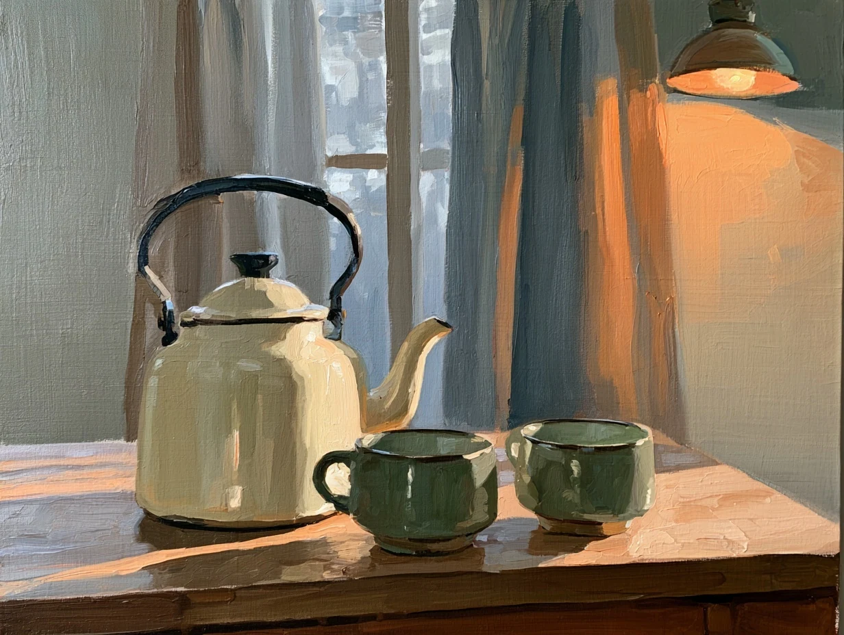 An enamel kettle and two cups on a kitchen table beside a curtained window.