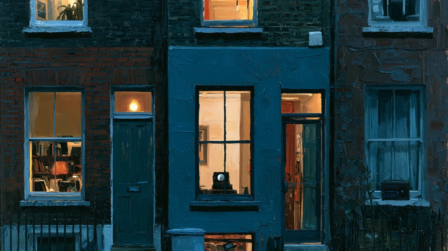 Three lit windows in a blue brick street at dusk.