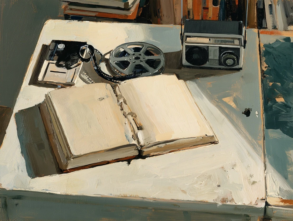 A book, film reel and tabletop radio gathered on a publishing table.