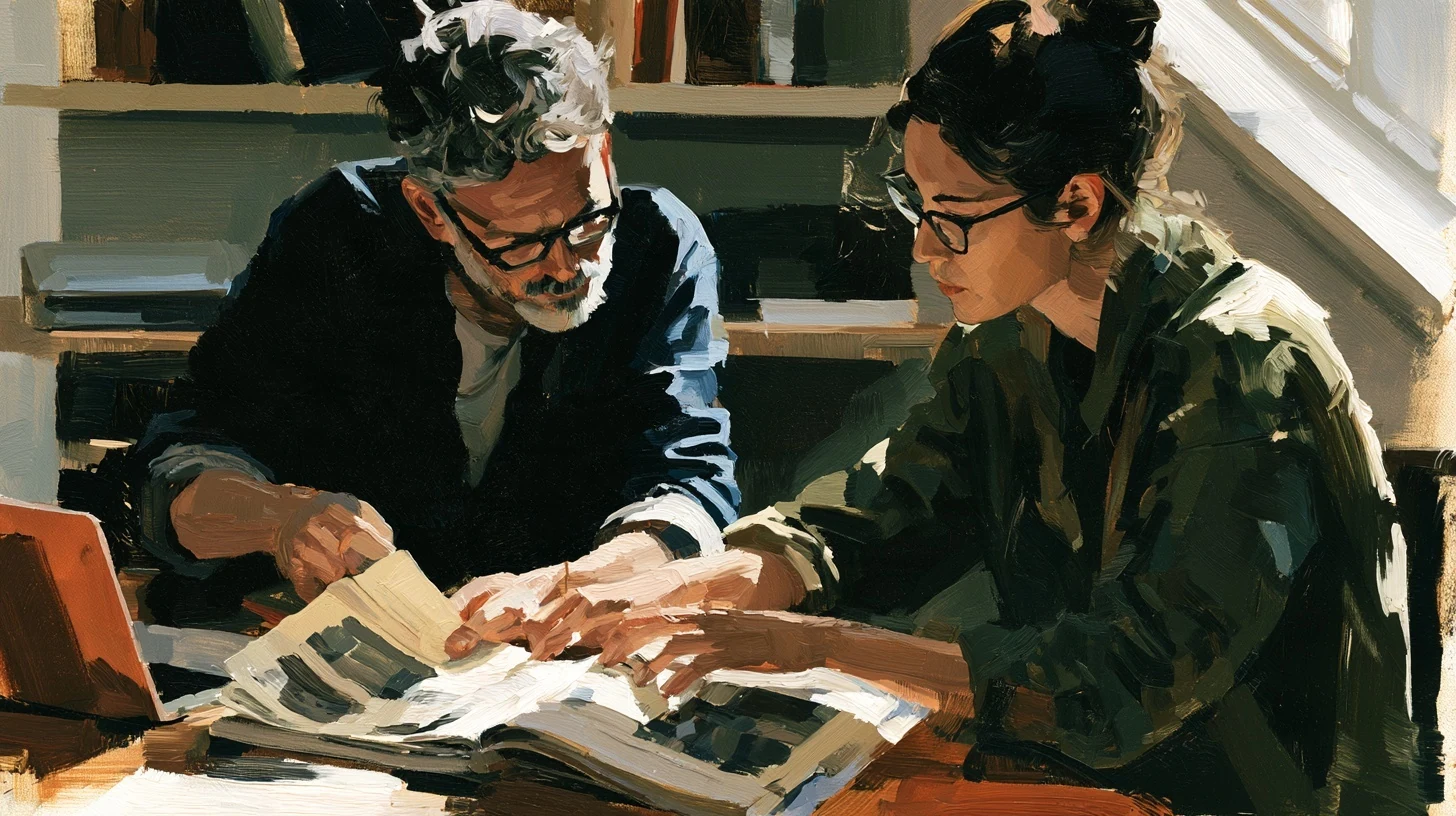 Two editors comparing paper proofs at a wooden worktable.