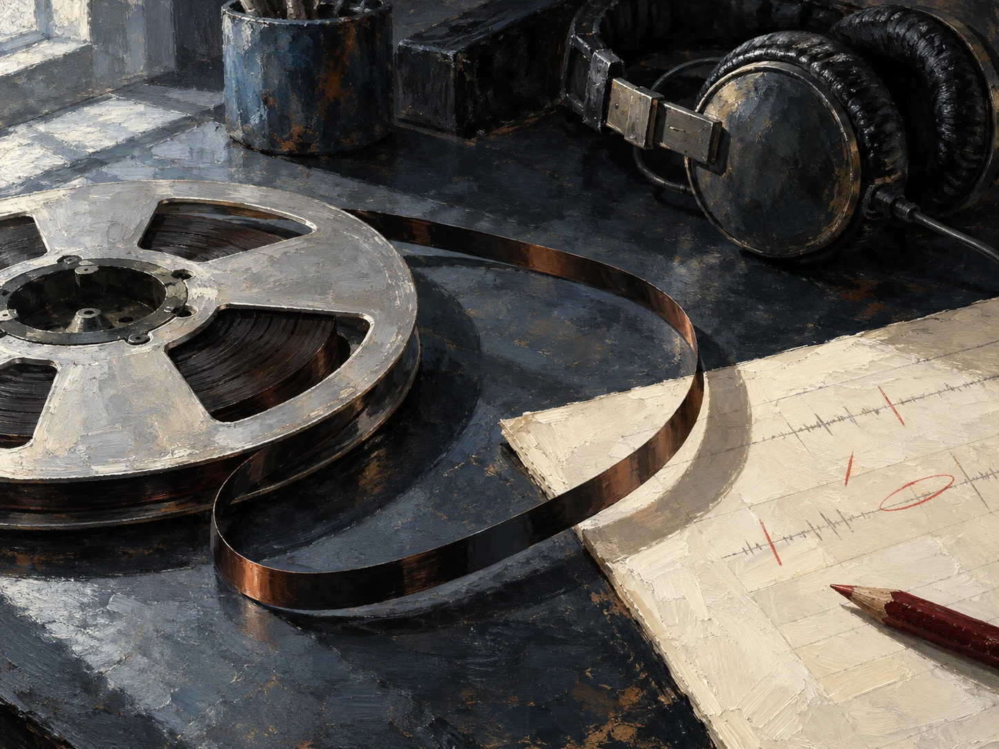 An oil-painted still life of an open tape reel, headphones and a marked editing sheet.