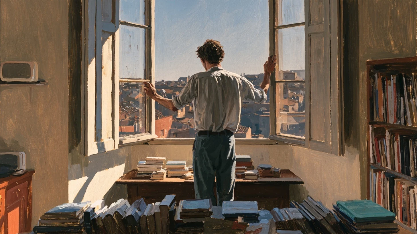 An editor opening the shutters of an upstairs room filled with books.
