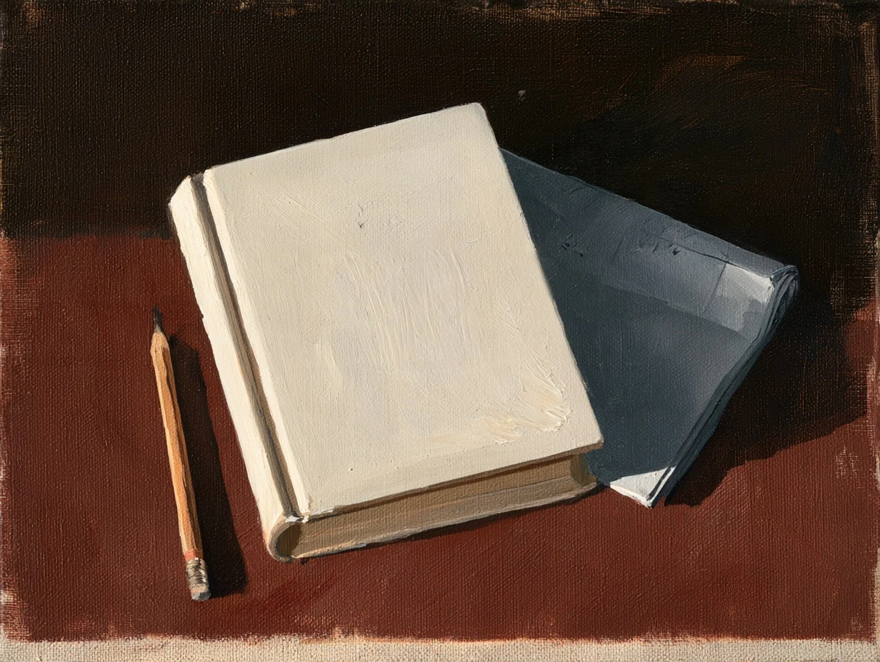 A finished book, a pencil and a folded proof on a dark tabletop.