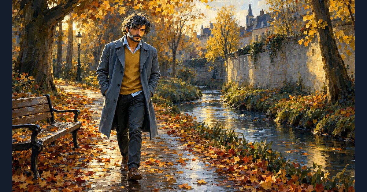 A painted man walking beside a tree-lined canal under golden leaves.
