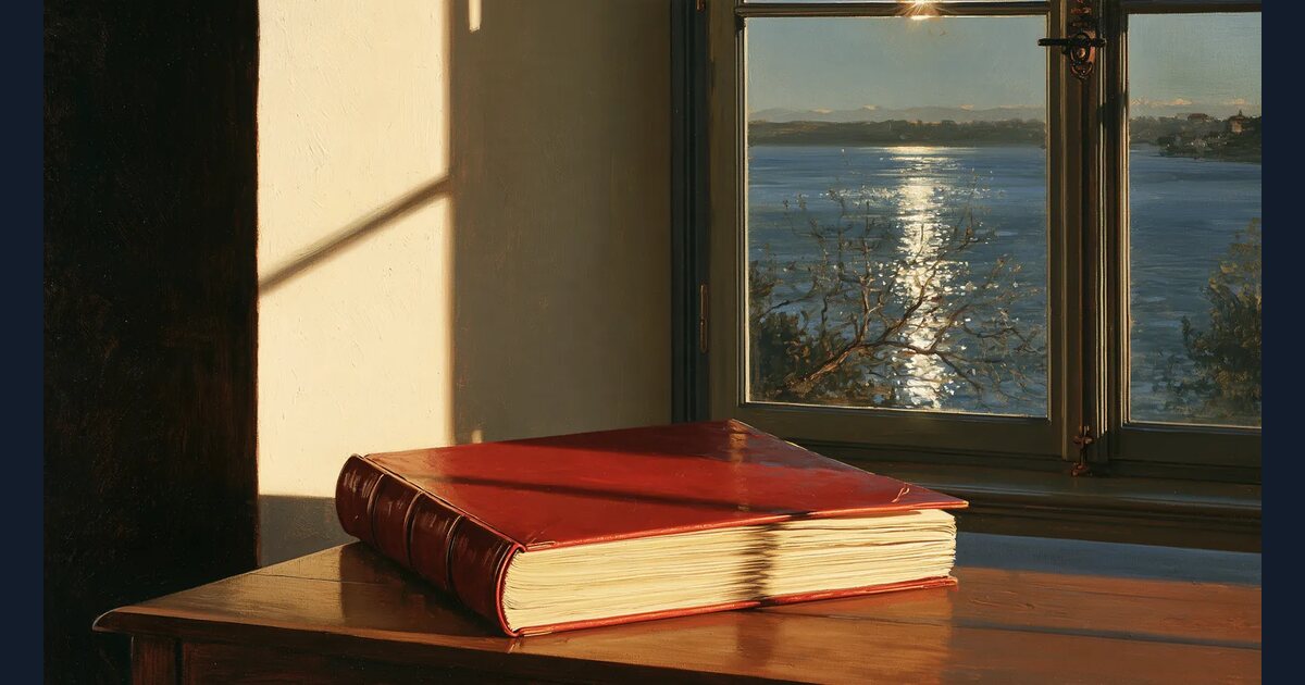 A red leather folio on a wooden table by a window, with morning light on a lake beyond.