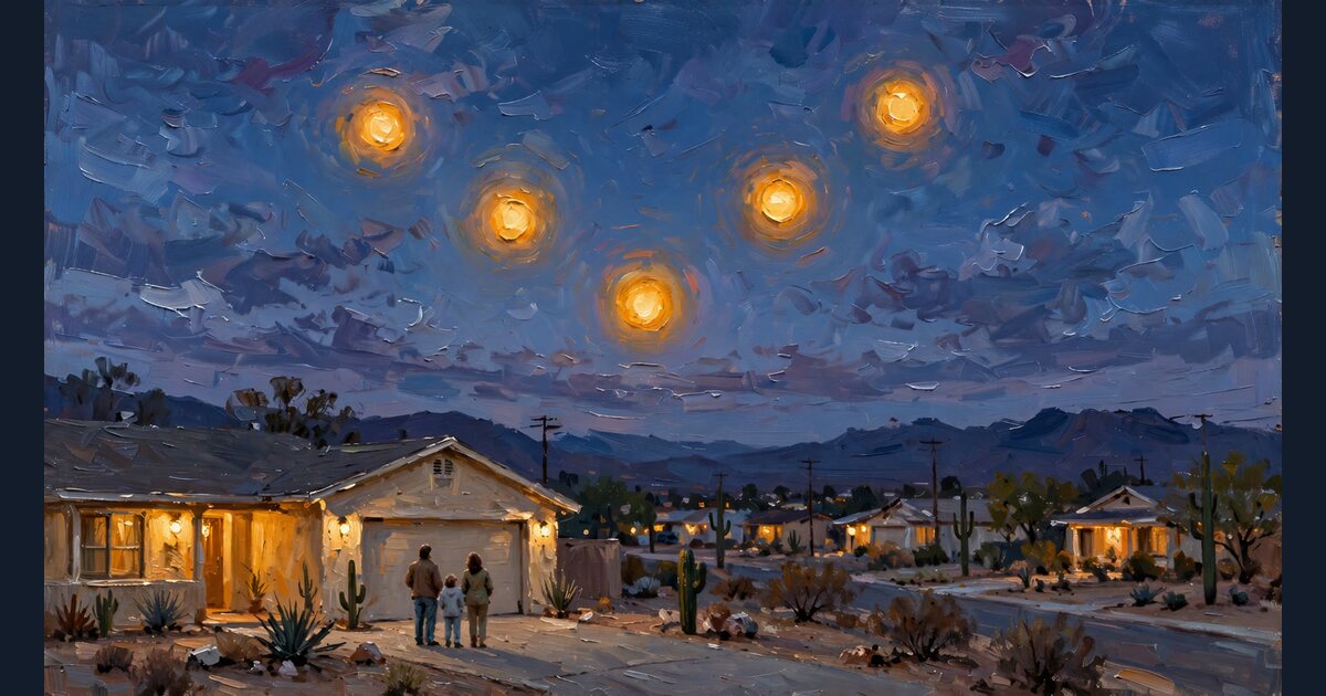 A painted family outside their home, looking up at five golden lights over the desert.