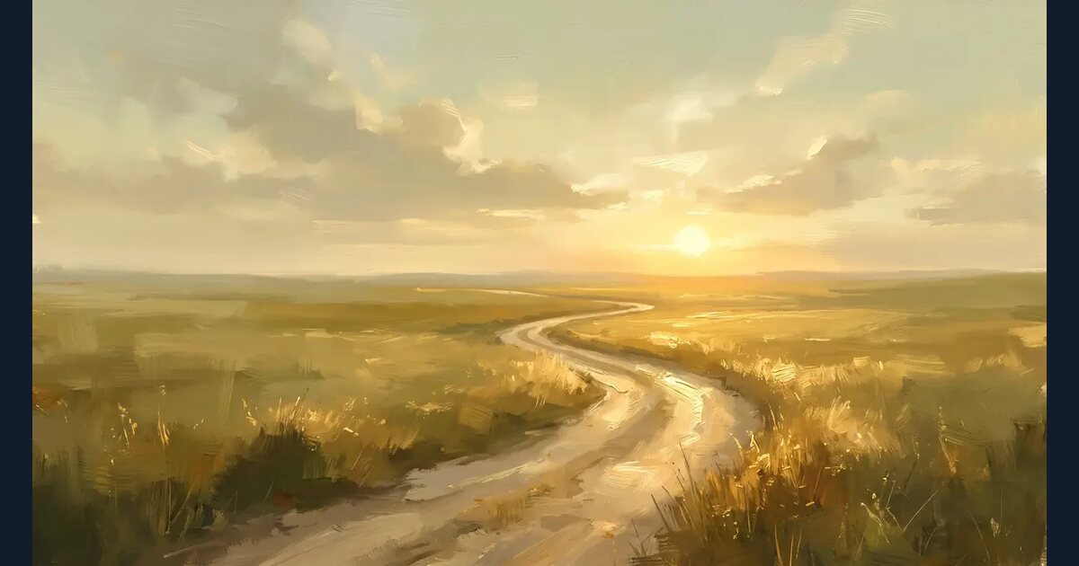 A painted winding road through open fields towards the low sun.