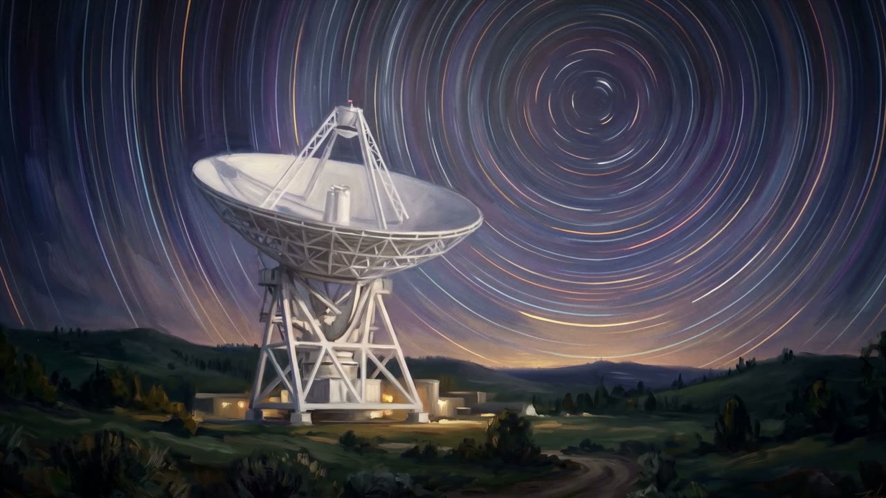 Oil painting of a radio telescope under a night sky of star trails.